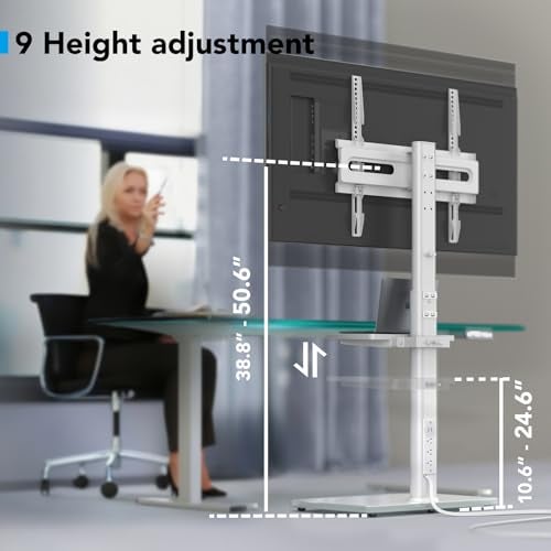 AX WABER Floor TV Stand with Power Outlet& Shelf, Universal TV Stand Mount for 27-65 inch TV up to 88lbs, 70 Degree Swivel 9 Level Height Adjustable with Tempered Glass Base for Bedroom, Office White - Image 3