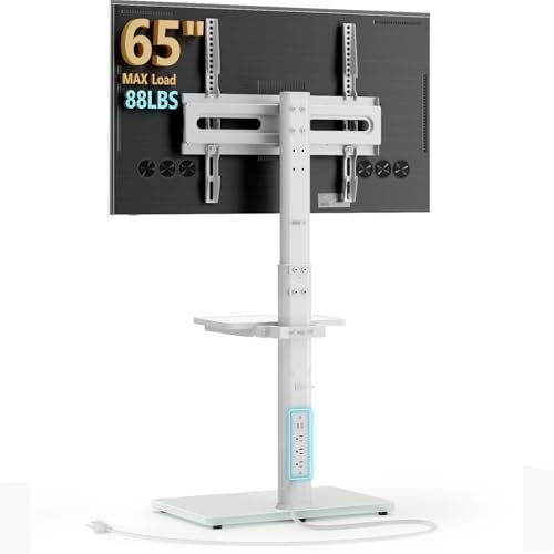 AX WABER Floor TV Stand with Power Outlet& Shelf, Universal TV Stand Mount for 27-65 inch TV up to 88lbs, 70 Degree Swivel 9 Level Height Adjustable with Tempered Glass Base for Bedroom, Office White - Image 1