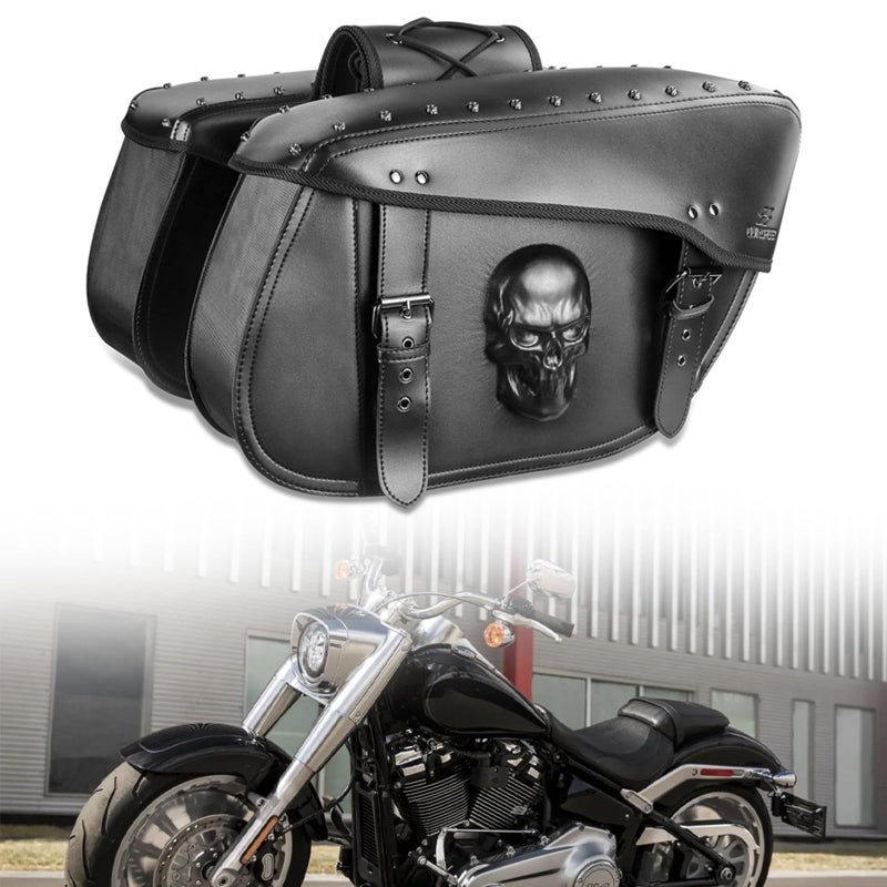 Quixofiber Motorcycle Saddlebags 32L Large Capacity PU Leather Side Saddle Bags Waterproof Hard Saddle Bags Universal for Harley Honda Yamaha Bobber Sixty Kawasaki (3D Skull,Black) - Image 1