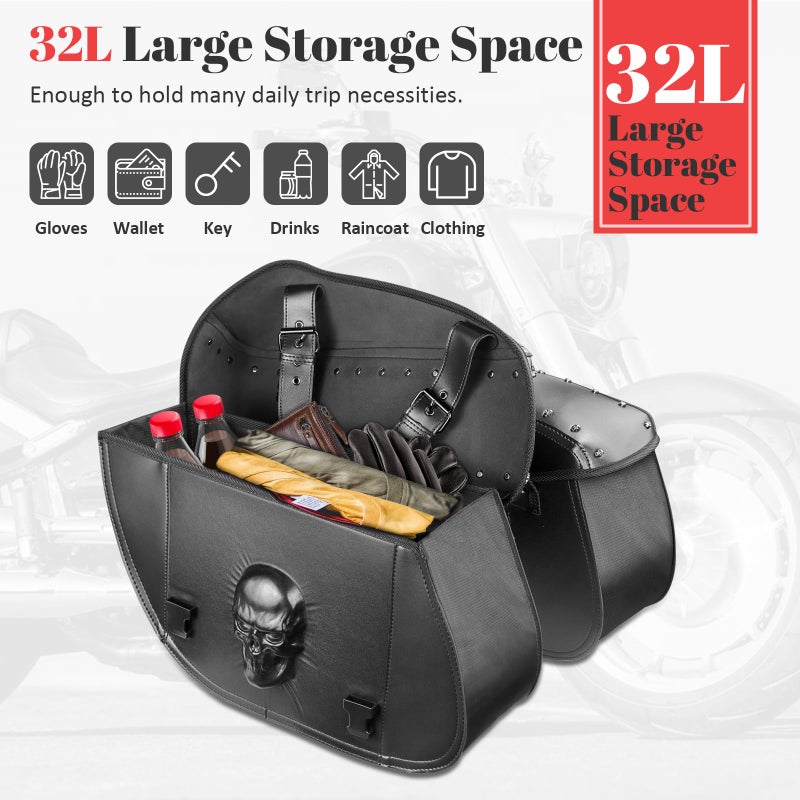 Quixofiber Motorcycle Saddlebags 32L Large Capacity PU Leather Side Saddle Bags Waterproof Hard Saddle Bags Universal for Harley Honda Yamaha Bobber Sixty Kawasaki (3D Skull,Black) - Image 4