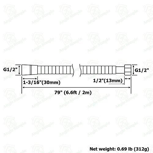 Angle Simple خرطوم دش محمول 79 بوصة، زاوية بسيطة من الفولاذ المقاوم للصدأ، خرطوم رش دش مرن، خرطوم استبدال دش 1/2 بوصة IPS، خرطوم تمديد دش، نيكل مصقول - Image 2