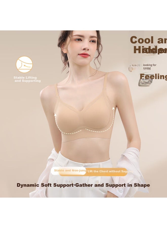 Gujin Women's Padded Bra Summer Wire-free Ice Silk Breathable Beauty Back Lift Push-up Bra Invisible Skin Color Bra - Image 3