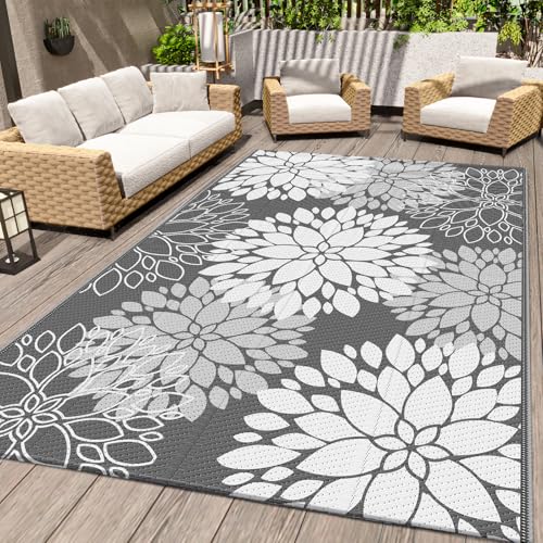 LuxStep Outdoor Rug Waterproof Outdoor Plastic Straw Rug Reversible Patio Rug Mat Outdoor Decor Large Area Mats for RV Picnic Backyard Deck Balcony Porch Beach Camping 4x 6Grey - Image 1