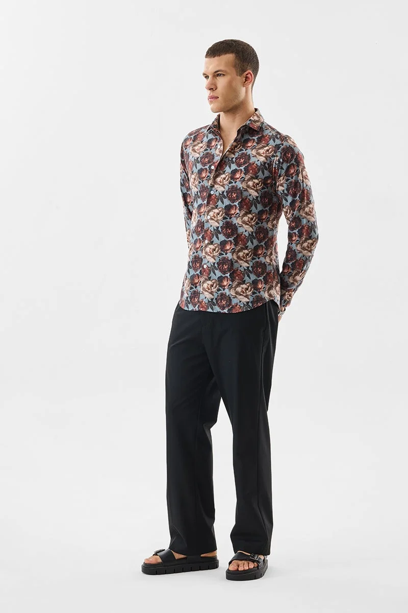 سنيتش Blue Abstract Long Sleeve Slim Fit Shirt