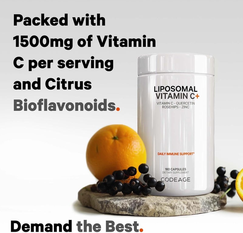 Codeage Liposomal Vitamin C 1500mg with Zinc Elderberry Citrus Bioflavonoids Grapefruit Lemon Orange Powder Quercetin  Rose HIPS Fruit  Vegan Supplement  NonGMO Vegan Pills 180 Capsules - Image 3