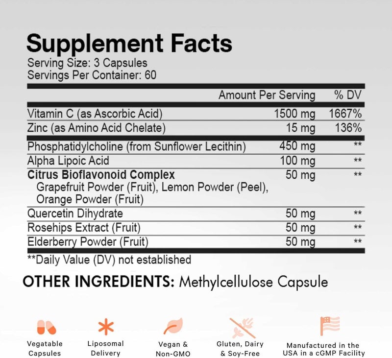 Codeage Liposomal Vitamin C 1500mg with Zinc Elderberry Citrus Bioflavonoids Grapefruit Lemon Orange Powder Quercetin  Rose HIPS Fruit  Vegan Supplement  NonGMO Vegan Pills 180 Capsules - Image 2