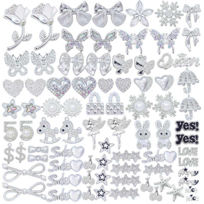 RoedCuoo 81Pcs Big Junk Charms Bulk,Bling Flat Back Charm for Junk Socks,Silver Rhinestone and Pearl Charms for Junk Phone Case,Hearts,Bows,Stars,Bunnies,and More Cute DIY Accessories for Decorating and Personalizing - Image 1