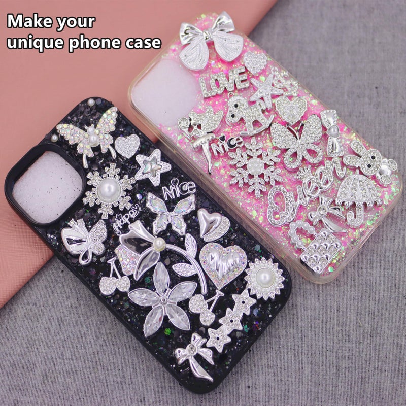 RoedCuoo 81Pcs Big Junk Charms Bulk,Bling Flat Back Charm for Junk Socks,Silver Rhinestone and Pearl Charms for Junk Phone Case,Hearts,Bows,Stars,Bunnies,and More Cute DIY Accessories for Decorating and Personalizing - Image 3