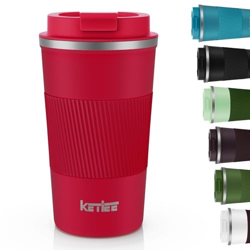 KETIEE Travel Coffee Mug Spill Proof 12oz Insulated Travel Mug to Go Reusable Coffee Cup with Seal Lid Vacuum Stainless Steel Tumbler for HotCold Drinks Red