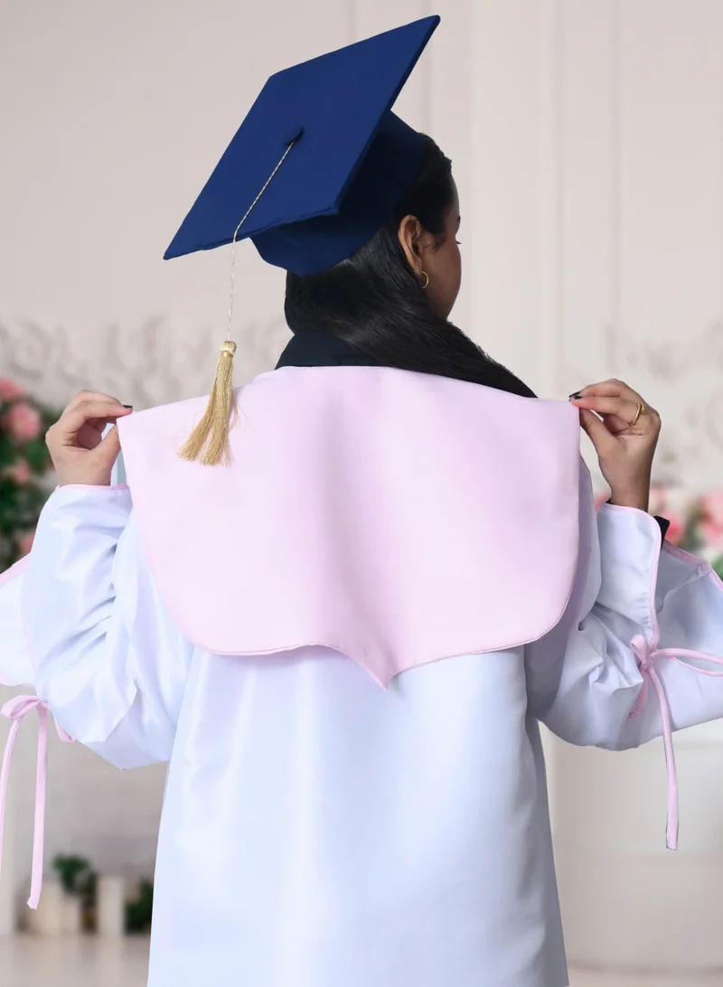 HAWRAA ABAYA Graduation uniform: a bright white abaya with a wide, open sleeve decorated with a bow, with a scarf and a plain cap in pink