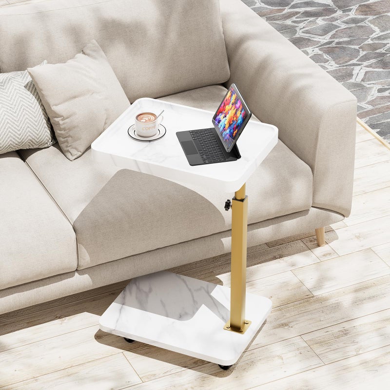 Katrawu TV Tray Table, Adjustable Dinner Trays for Eating Table,360Â° Swivel& Sofa Armrest End Side Couch Snack Table for Sofa, Bedroom, Living Room, C Shaped End Table That Slide Under(White+Gold) - Image 1