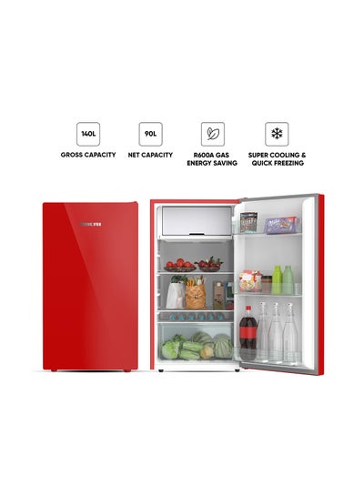 NIKAI 140L Gross / 90L Net, Single Door Refrigerator with Glass Finish, 2L Bottle Holder, Glass Shelves, Separate Chiller Compartment, Mini Fridge for Kitchen, Bedroom, Office & Bar - 172 W NRF140GR Red