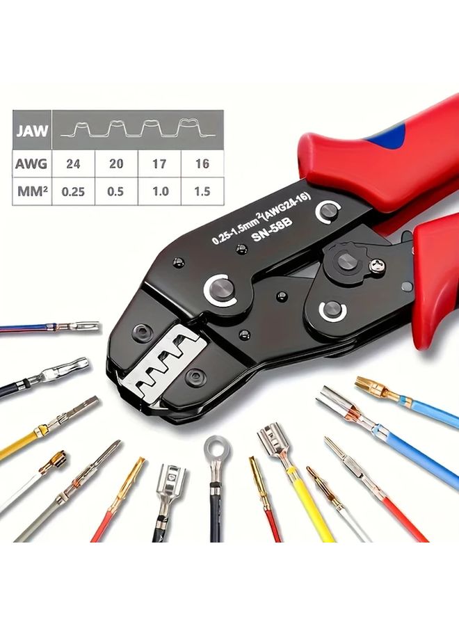 SN 58B Ratchet Wire Crimping Pliers For AWG 23 16 Manual Jaw Adjustment Red Handle - Image 1