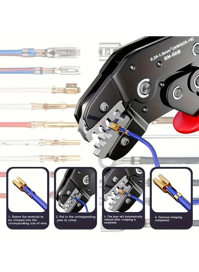 SN 58B Ratchet Wire Crimping Pliers For AWG 23 16 Manual Jaw Adjustment Red Handle - Image 4