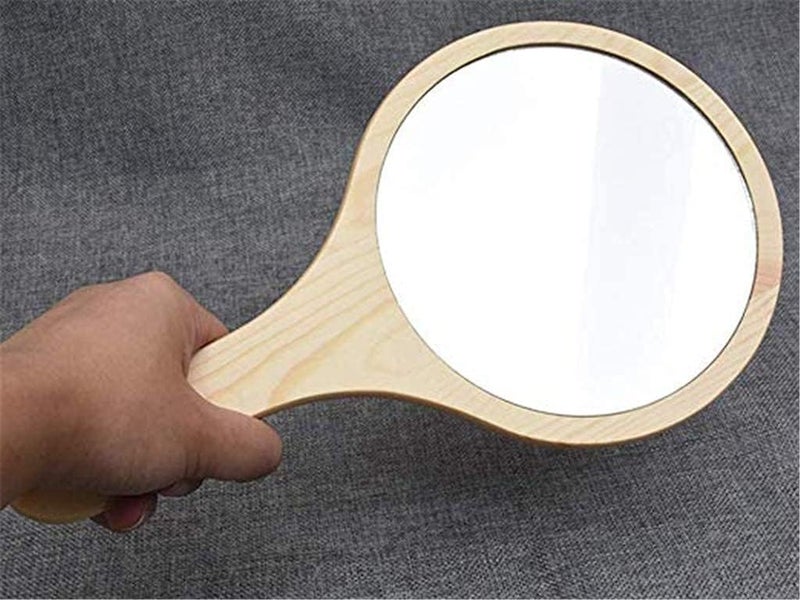 kreni kreni Natural Wood Mirror Wooden Hand Mirror Vintage Portable Compact Makeup Vanity Hand Held with Handle Dressing Table Shaving and for Travel kit Big Round - Image 5