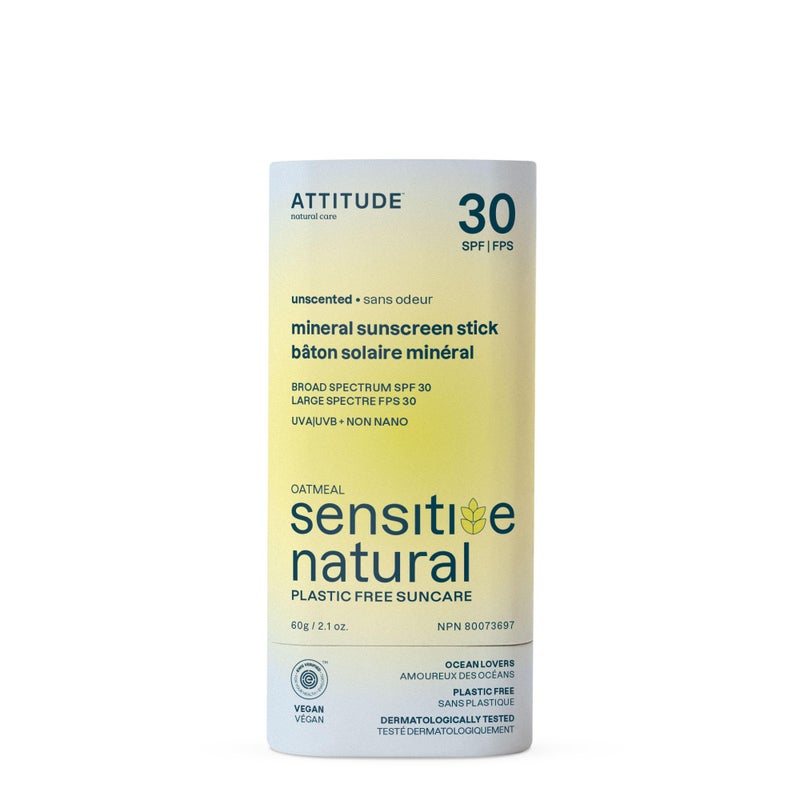 ATTITUDE Mineral Sunscreen Stick for Sensitive Skin, SPF 30, EWG Verified, Plastic-Free, Broad Spectrum UVA/UVB Protection with Zinc Oxide, Dermatologically Tested, Vegan, Unscented, 2.1 Ounces - Image 1