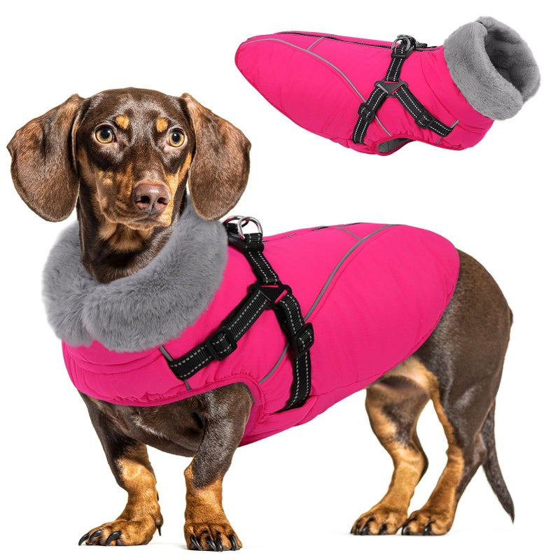 Queenmore Dog Jackets for Large Dogs, Dog Coat with Harness Built in,Waterproof Dogs Coats with Zipper On Back,Warm Fleece Lining Cold Weather Pet Coats with Furry Collar for Labrador,Rosered,L - Image 1