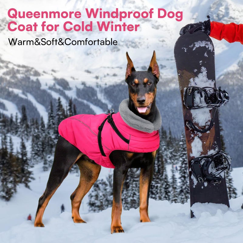Queenmore Dog Jackets for Large Dogs, Dog Coat with Harness Built in,Waterproof Dogs Coats with Zipper On Back,Warm Fleece Lining Cold Weather Pet Coats with Furry Collar for Labrador,Rosered,L - Image 5
