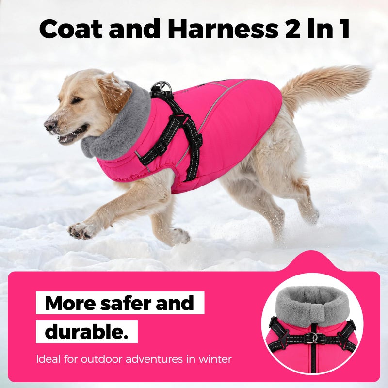 Queenmore Dog Jackets for Large Dogs, Dog Coat with Harness Built in,Waterproof Dogs Coats with Zipper On Back,Warm Fleece Lining Cold Weather Pet Coats with Furry Collar for Labrador,Rosered,L - Image 4