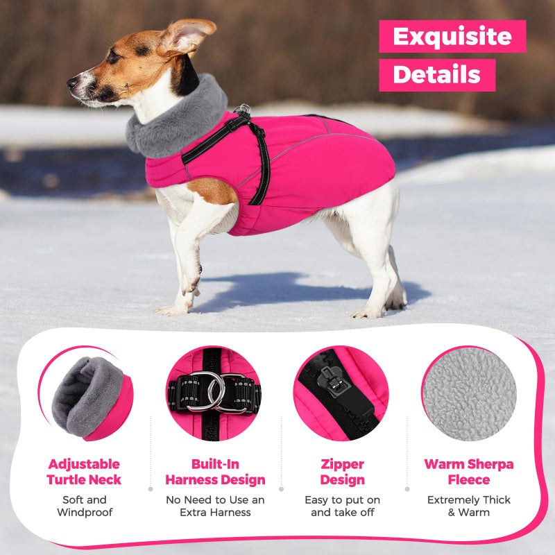 Queenmore Dog Jackets for Large Dogs, Dog Coat with Harness Built in,Waterproof Dogs Coats with Zipper On Back,Warm Fleece Lining Cold Weather Pet Coats with Furry Collar for Labrador,Rosered,L - Image 2
