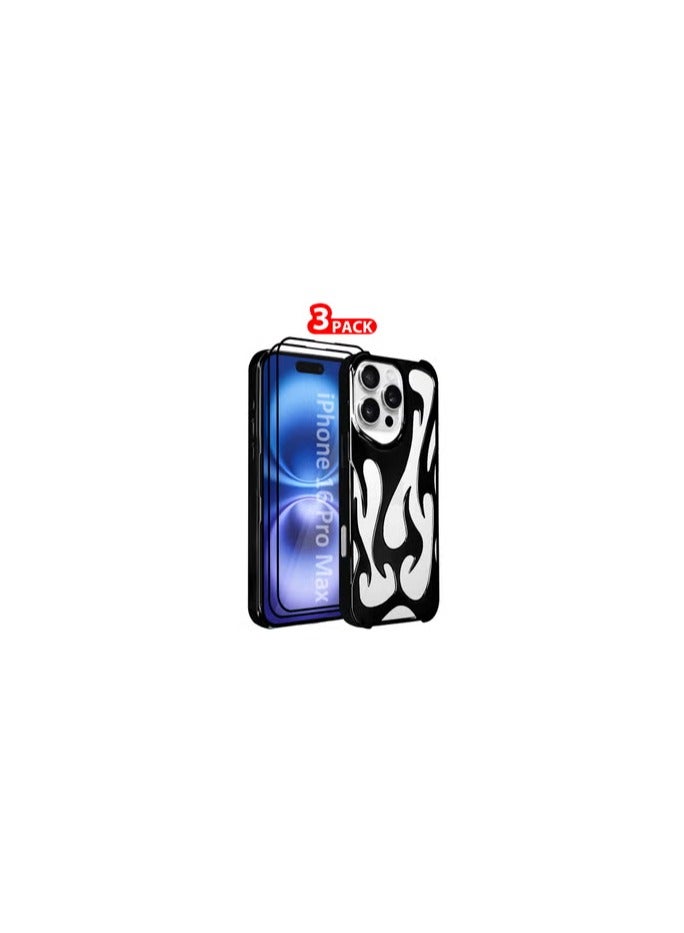 CATANES iPhone 16 Pro Max 3Packs Flame Case Cover Soft TPU and Glossy with Two 3D Shockproof Screen Protector - Black - Image 1