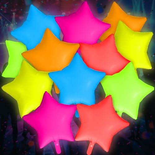Vertintong 12 Pcs 22 Inches Star Glow in the Dark Neon Balloons Glow Party Supplies Neon Foil Balloons 90 80s Hip Hop for Halloween Christmas Birthday Wedding Anniversary Backdrop Decor - Image 1