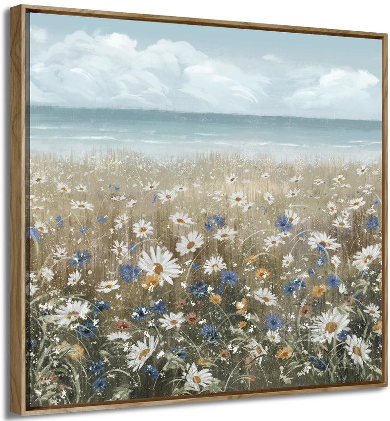 amatop Framed Wall Art for Bedroom Decor Farmhouse Boho Beach Coastal Vintage Floral Ocean Wall Picture Daisy Flowers Sea Canvas Print Nautical Neutral Seascape Artwork for Home Living Room Bedroom Office - Image 2