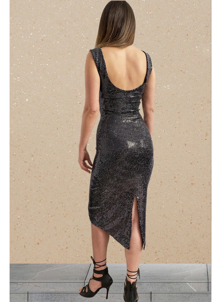 Due Stelle Shiny Black Lycra Slit Backless Evening Dress - Party Dance Dress  - Image 1