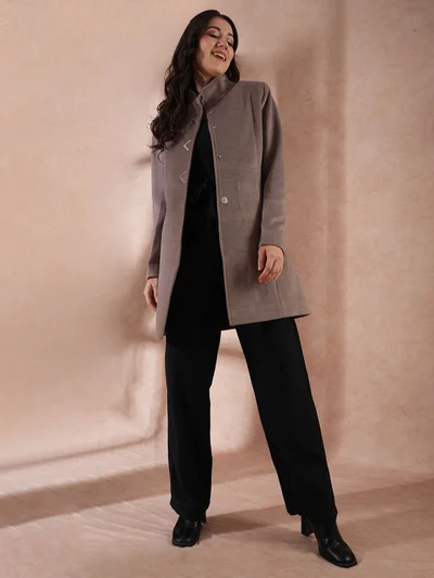 globus Globus Women Self Design Stand Collar Tailored Fit Winter Overcoat