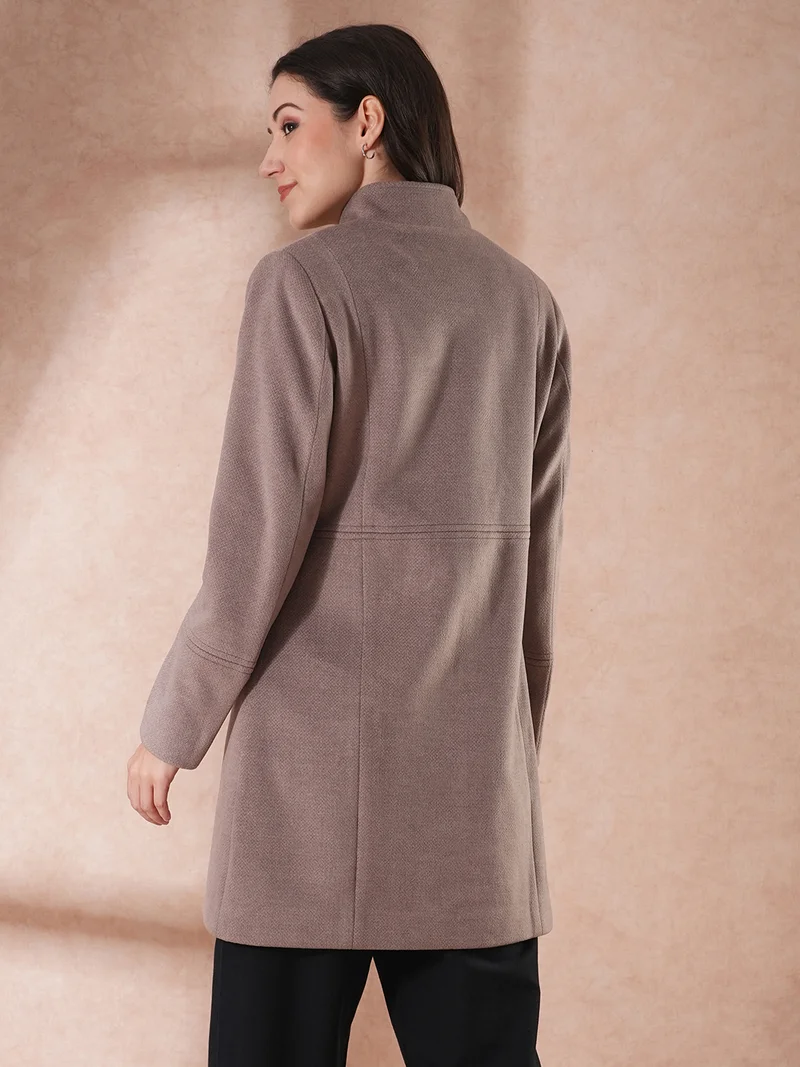 globus Globus Women Self Design Stand Collar Tailored Fit Winter Overcoat
