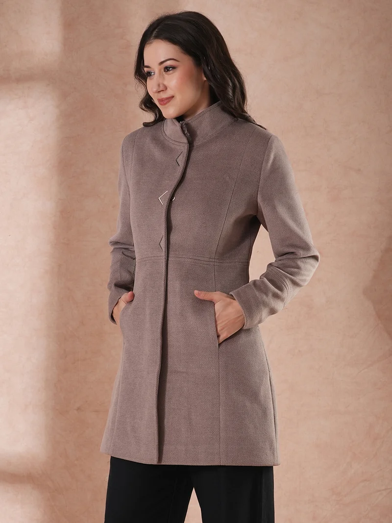 globus Globus Women Self Design Stand Collar Tailored Fit Winter Overcoat