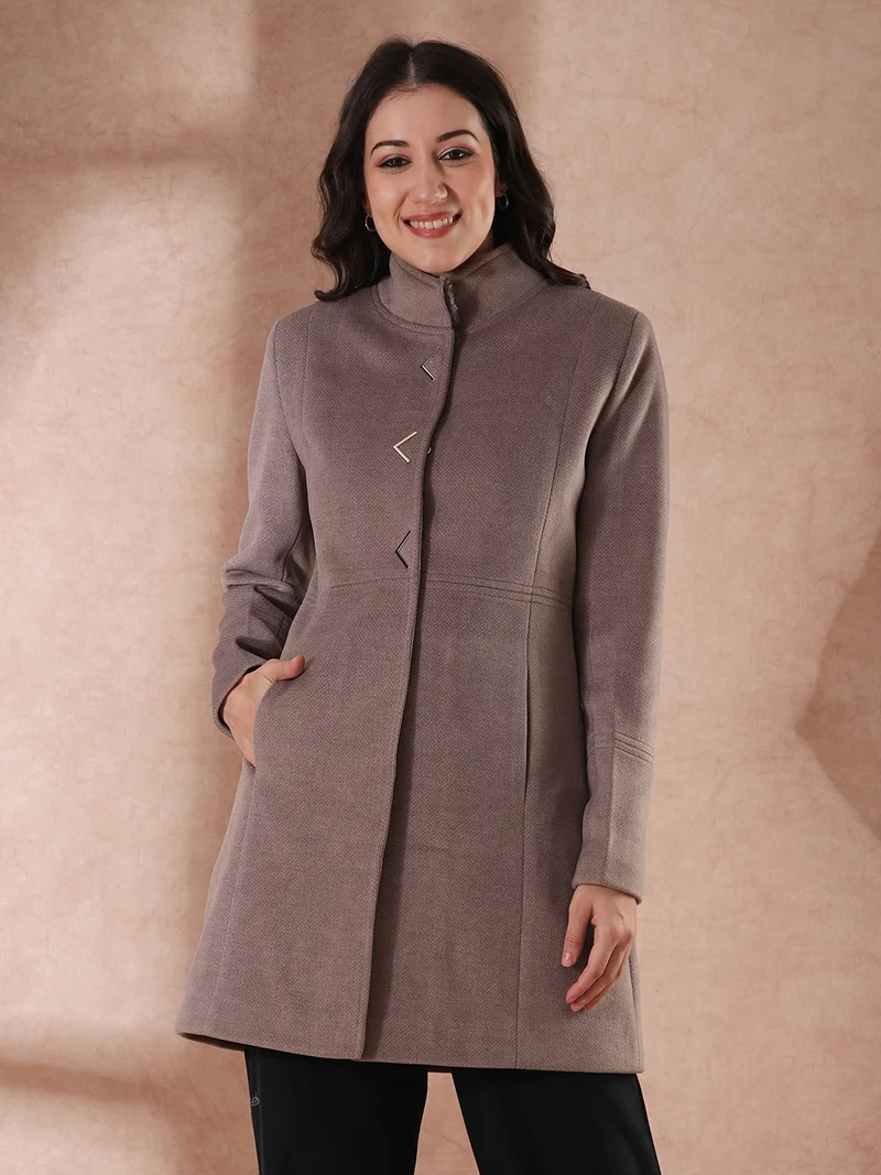 globus Globus Women Self Design Stand Collar Tailored Fit Winter Overcoat