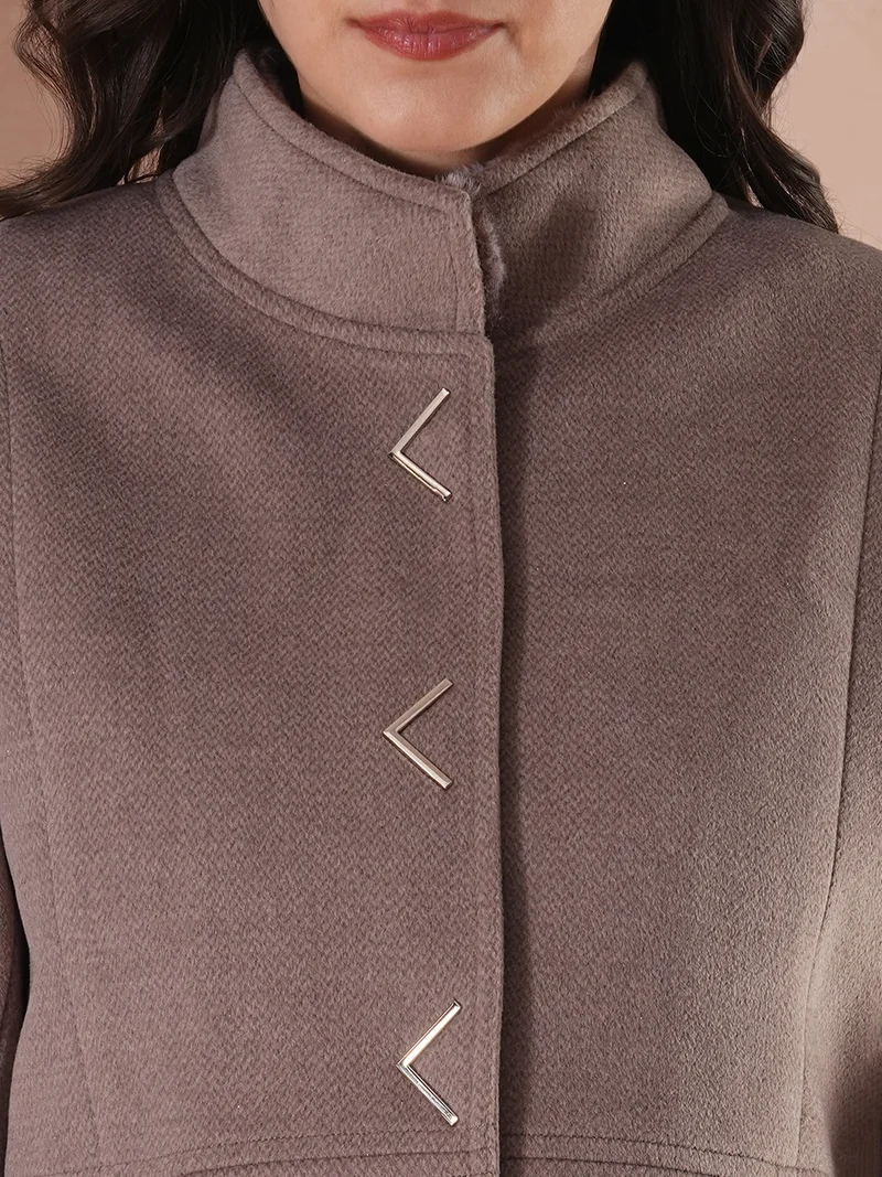globus Globus Women Self Design Stand Collar Tailored Fit Winter Overcoat