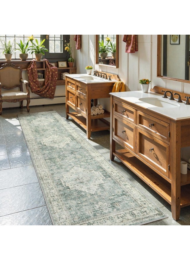 LIVEBOX LIVEBOX Washable 2.5x8 Runner Rugs for Entryway Bathroom, Boho Kitchen Floor Mats Long Rug Runners for Hallways Non Slip, Farmhouse Low-Pile Carpet Runners for Laundry Room, Sage Green  - Image 1