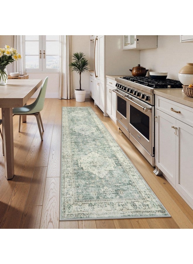 LIVEBOX LIVEBOX Washable 2.5x8 Runner Rugs for Entryway Bathroom, Boho Kitchen Floor Mats Long Rug Runners for Hallways Non Slip, Farmhouse Low-Pile Carpet Runners for Laundry Room, Sage Green  - Image 2