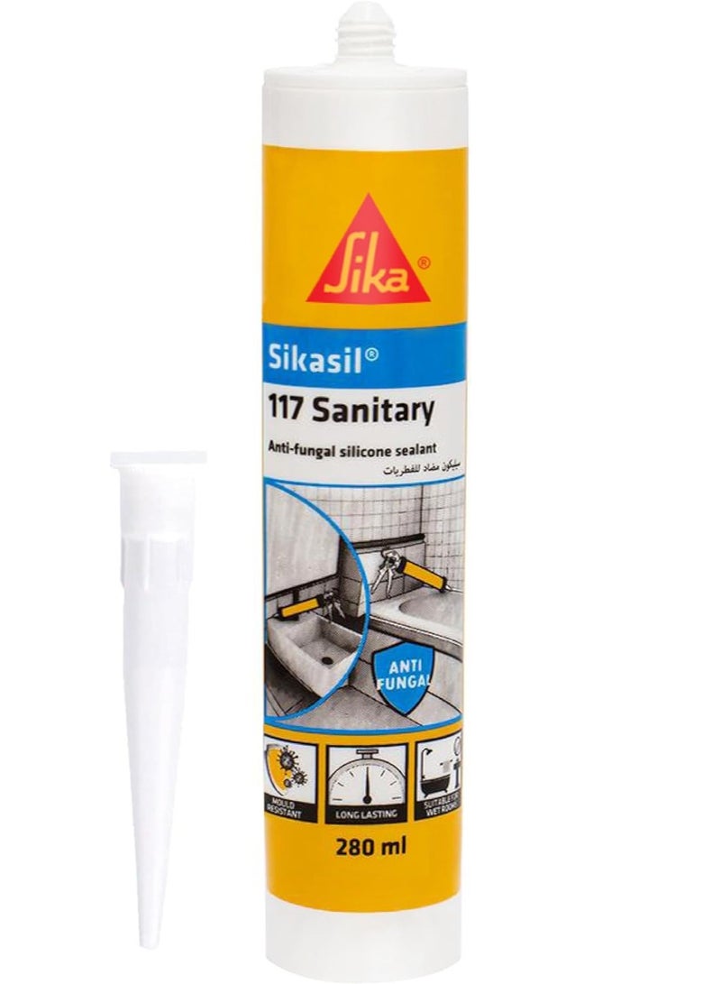 SIKA سيكا سيكاسيل-117 مانع تسرب سيليكوني أسيتوكسي شفاف ومضاد للفطريات للاستخدامات الصحية، مقاوم للعوامل الجوية، خرطوشة 280 مل - Image 1