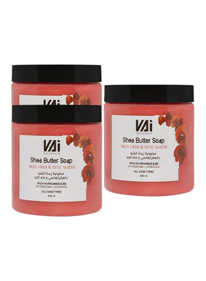 VAI 3 Pieces Shea Butter Soap Aker Fassi And Rose Water Rich In Vitamin E And B5 24 Hours Moisture And Hydration All Skin Types 500ml - Image 1