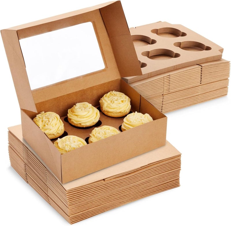 Juvale 24 Pack Cupcake Containers with Windows 6 x 6 Boxes with 4 Count Inserts for Muffins Kraft Paper - Image 1