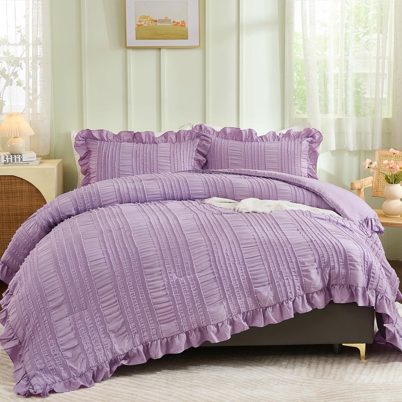 WONGS BEDDING Purple Comforter Set King3 Pieces Ruffle Farmhouse Shabby Chic Comforter for King BedSoft Textured Boho Bedding Set with 1 Ruffle Comforter2 Tufted Pillowcases 10490