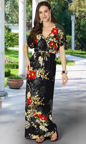 KOH KOH Womens Long Summer Floral Flower Print Sexy Kaftan Caftan Beach Casual Flowy Hawaiin Sun Cover-up Sundress Sundresses Gown Gowns Maxi Dress Dresses, Dark Navy Blue L 12-14 - Image 3
