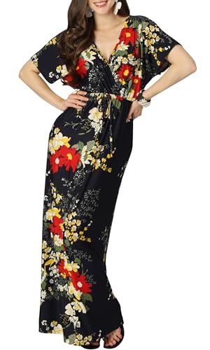 KOH KOH Womens Long Summer Floral Flower Print Sexy Kaftan Caftan Beach Casual Flowy Hawaiin Sun Cover-up Sundress Sundresses Gown Gowns Maxi Dress Dresses, Dark Navy Blue L 12-14 - Image 1