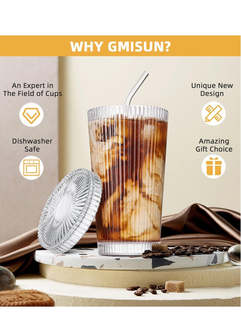 Excefore أكواب القهوة المثلجة ، زجاجيات مضلعة مع أغطية وقش ، مجموعة أكواب للشرب عدد 4 ، زجاجيات عتيقة بسعة 14 أونصة للقهوة المثلجة - Image 4