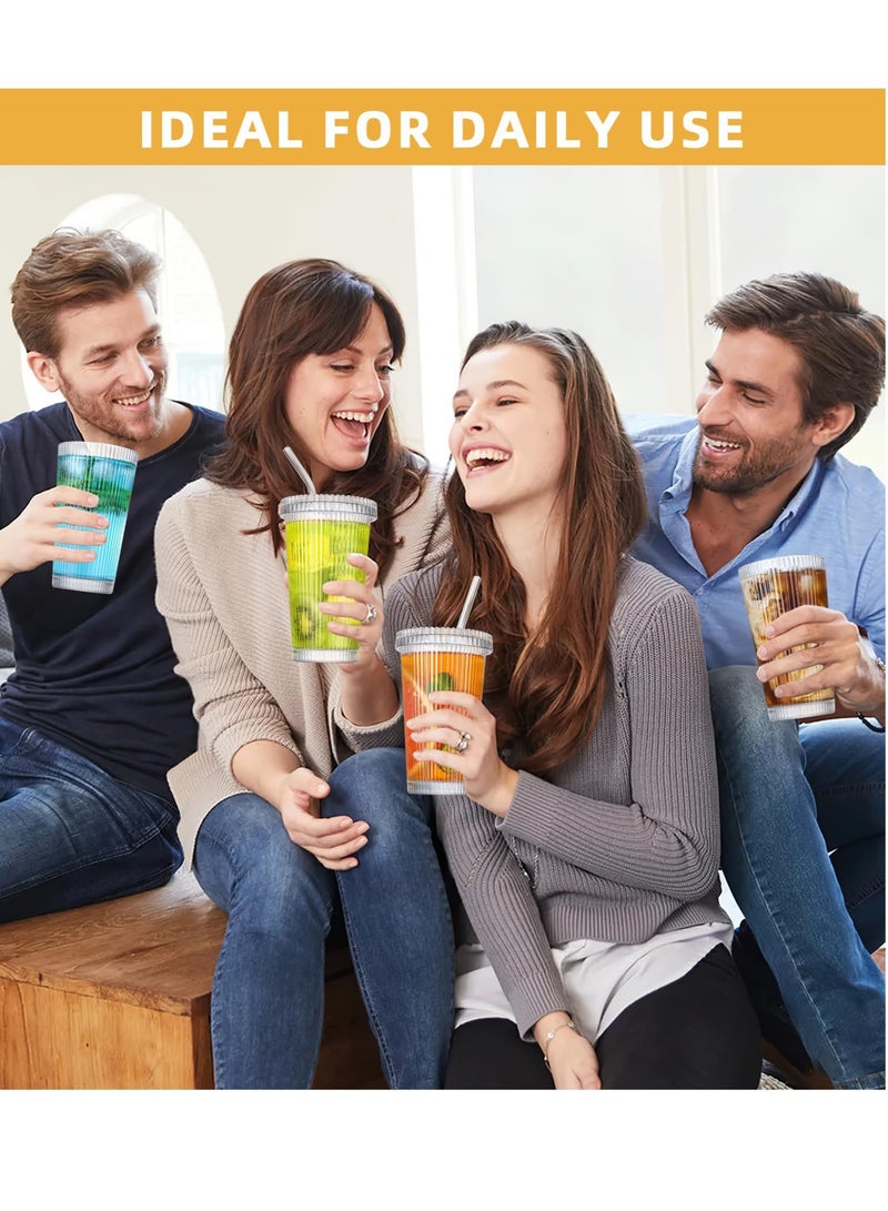 Excefore أكواب القهوة المثلجة ، زجاجيات مضلعة مع أغطية وقش ، مجموعة أكواب للشرب عدد 4 ، زجاجيات عتيقة بسعة 14 أونصة للقهوة المثلجة - Image 5