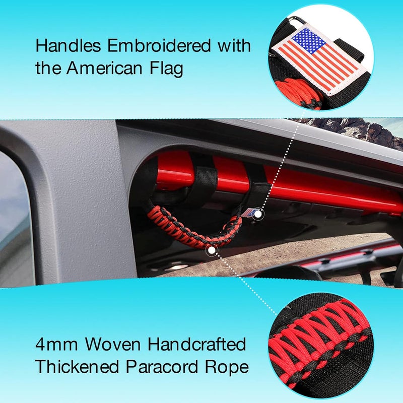 Gaizon 4 Pack Grab Handles Roll Bar Paracord Handgrip Handles with American Flag for Jeep Wrangler YJ TJ JK JL, Gladiator JT 1955-2022 (Red) - Image 2