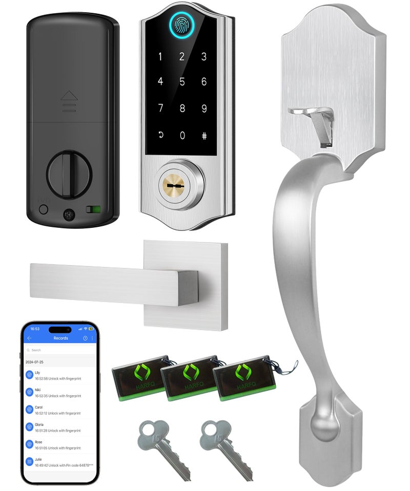 Harfo Fingerprint Smart Door Lock for Front Door with Handle Set App Control Keyless Entry Keyless Deadbolt Digital Electronic Touchscreen Keypad Auto Lock Easy to Install Satin Nickel