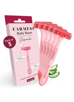 Disposable Body Razors For Women - Pack Of 5 | Aloe Vera & Vitamin E Moisture Strip For Smooth & Painless Hair Removal | Slip-Proof Rubber Grip | Safe, Hygienic & Economical
