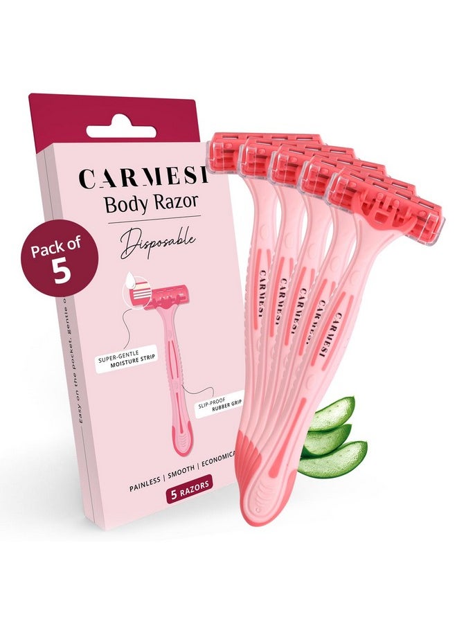 CARMESI - Disposable Body Razors For Women - Pack Of 5 | Aloe Vera & Vitamin E Moisture Strip For Smooth & Painless Hair Removal | Slip-Proof Rubber Grip | Safe, Hygienic & Economical - Image 1