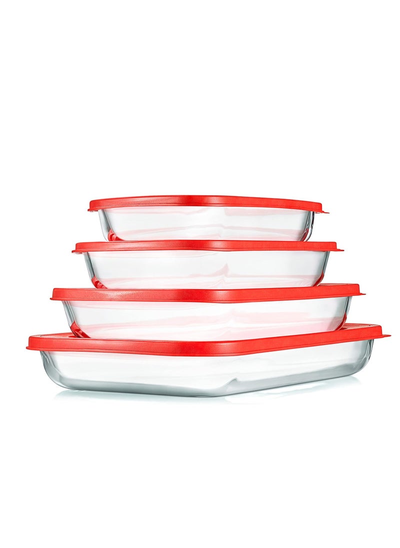 NutriChef - NutriChef 8-Piece Glass Bakeware Set - Glass Rectangular Baking Dishes with Red PE Lids, Ideal for Freezer-to-Oven Cooking, Casseroles, and Easy Food Storage, Stackable Design - Image 1