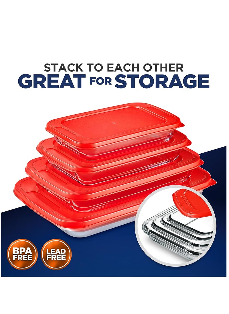 NutriChef - NutriChef 8-Piece Glass Bakeware Set - Glass Rectangular Baking Dishes with Red PE Lids, Ideal for Freezer-to-Oven Cooking, Casseroles, and Easy Food Storage, Stackable Design - Image 1