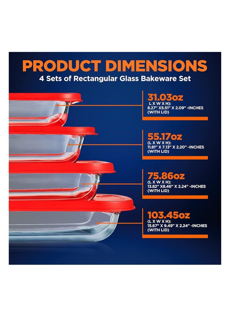 NutriChef - NutriChef 8-Piece Glass Bakeware Set - Glass Rectangular Baking Dishes with Red PE Lids, Ideal for Freezer-to-Oven Cooking, Casseroles, and Easy Food Storage, Stackable Design - Image 1